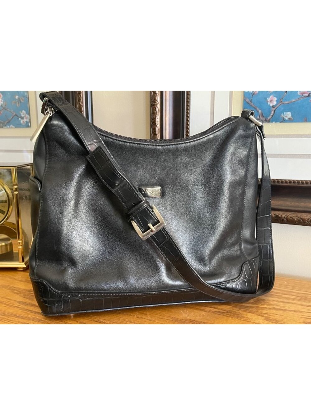 Strada‎ Black Leather Croc Embossed Shoulder Bag Purse 13in X 11in Handbag